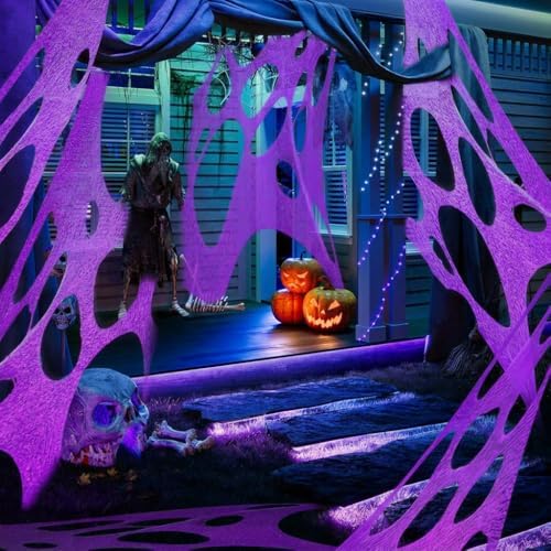 Glow in The Dark Purple 1000 Sqft Uncut Giant Spider Web Halloween Decorations Outdoor with 1 Black Light &10 Ground Nails Stretchy Beef Cloth Netting DIY for Yard Party