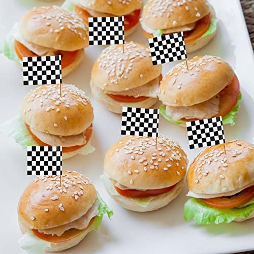 BLUE TOP 100 Pcs Checkered Black and White Racing Stick Flag,Small Toothpick Mini Stick Cupcake Toppers Picks Party Decoration Olympic Games Celebration Cocktail picks for Party Bar Sport events.