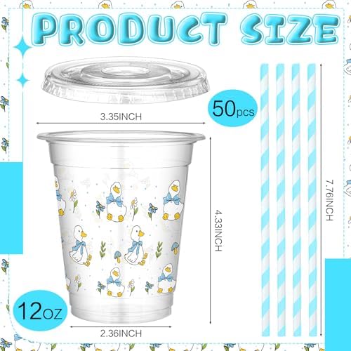 Jingmore 50 Pcs One Silly Goose Party Disposable Plastic Cups 12 oz with Lids Straws Themed Party Supplies Plastic Tumbler for Birthday Table Decorations Favors(Blue)