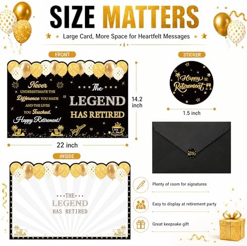 WNINK Black Gold Retirement Card for Men Women, Jumbo Happy Retirement Guest Book Card with Envelope, Large Farewell Signing Card, The Legend Has Retired Party Decorations Gift