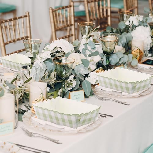 Funnymoom 100 Pcs Sage Green Gingham Paper Food Trays Green White Checkered Serving Trays Disposable Hot Dog Nacho Boat for Fresh off The Market Bridal Shower Decorations Birthday Party Supplies