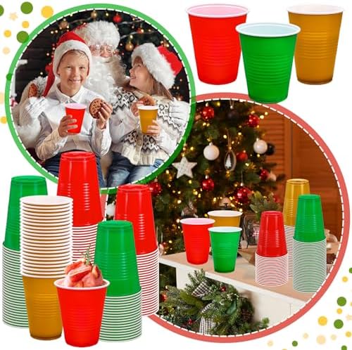 JarThenaAMCS 150Pcs Christmas Plastic Cups 16Oz Red Green Gold Disposable Drinking Cup Stackable Party Cups for Winter Xmas Birthday Party Supplies