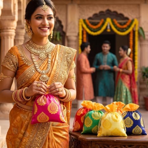 Kacctyen 24 Pcs Indian Return Gift Bags Bulk Traditional Potli Bags for Jewelry 6.7 x 9'' Banyan Leaf Print Fabric Return Gift Pouch with Drawstring for Pooja Diwali Housewarming Wedding Party Favor