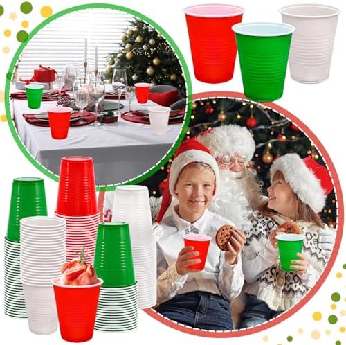 JarThenaAMCS 150Pcs Christmas Plastic Cups 12Oz Red Green White Disposable Drinking Cup Stackable Party Cups for Xmas Birthday Events Supplies