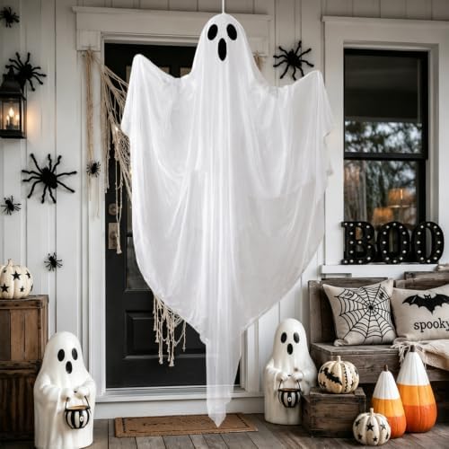 4 FT Halloween Hanging Ghost Decorations with 50 LED Lights, Light Up White Ghost Outdoor Decor with Timer & 8 Lighting Modes, Hanging Halloween Ghost for Front Porch, Yard, Patio, Garden & Party