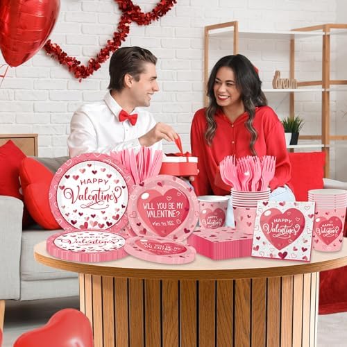 Valentines Day Plates and Napkins Sets,144pcs Valentines Party Decor Tableware Include Plates Napkins Cups Forks Knives for Valentine Party Supplies,Serves 24