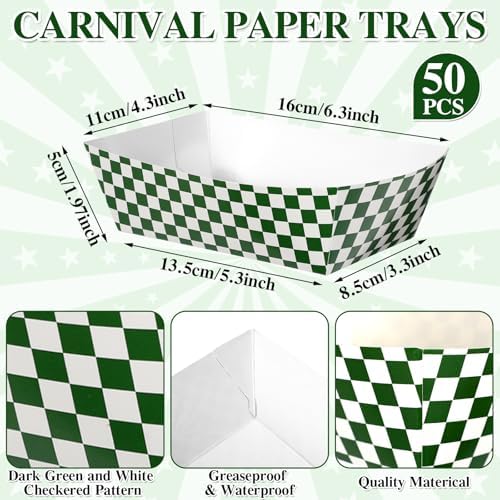 Geosar 100 Pcs Gingham Paper Food Tray with Wax Paper,Dark Green White