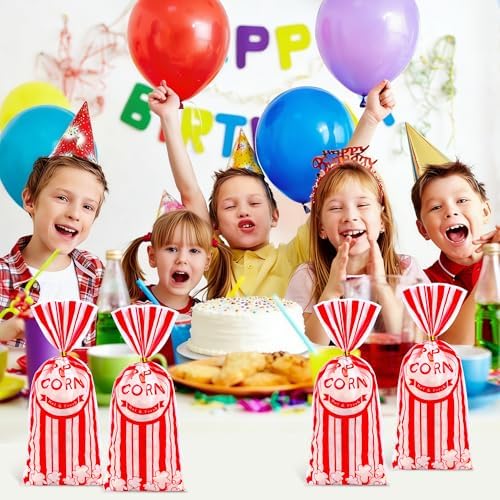 ZYLOP 50 Pcs Popcorn Treat Bags - 5" x 11" Red and White Striped Cellophane Candy Bags for Carnival Circus Theme Party, 50 Pcs Popcorn Goodie Bags with 60 Gold Twist Ties for Birthday, Movie Night