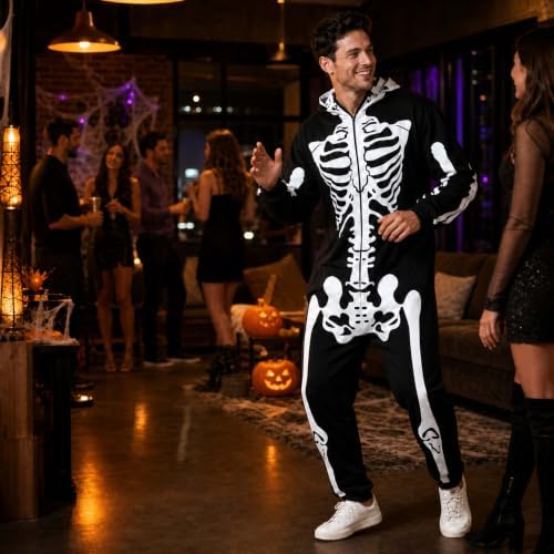 Skeleton Halloween Costume for Men & Women, Double-Sided Zip Hood Jumpsuit