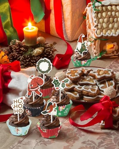 Bake Choice 400 Pcs Christmas Cupcake Liners with 12 Pcs Cupcake Toppers, Mini Cupcake Liners, Mini Muffin Liners for Xmas Party, Baby Shower, Christmas Holiday, Birthday Party