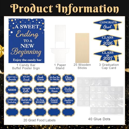 Spakon 24 Pcs Grad Candy Buffet Labels with Stand, Table Signs, Blue Gold