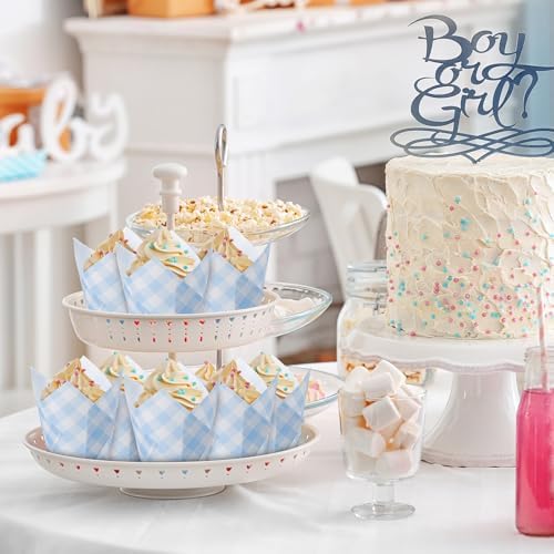 Maxdot 200 Pcs Blue Gingham Tulip Cupcake Liners for Baking Plaid Paper Muffin Baking Cups Checkered Tulip Muffin Liners Wrappers for Bridal Baby Shower Wedding Birthday Party Decor