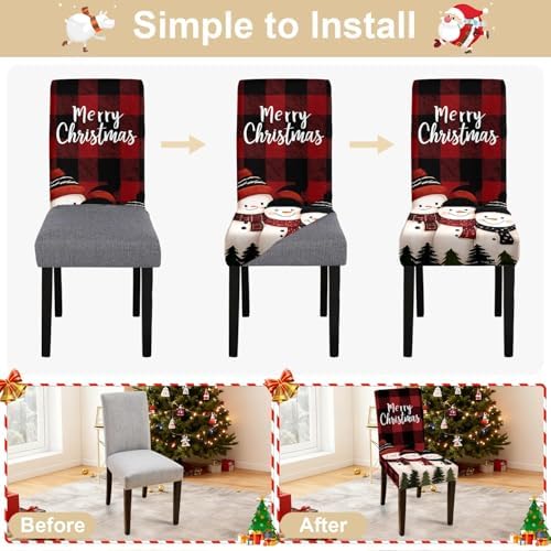 Merry Christmas Snowman Chair Covers Set of 4, Stretchable Dining Chair Slipcovers with Red Plaid and Christmas Trees for Holiday Decor