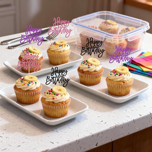 24 PCS Happy Birthday Cupcake Toppers Glitter Happy Birthday Cupcake Picks for Celebrating Anniversary Theme Party Cake Decorations Supplies Black Purple Pink