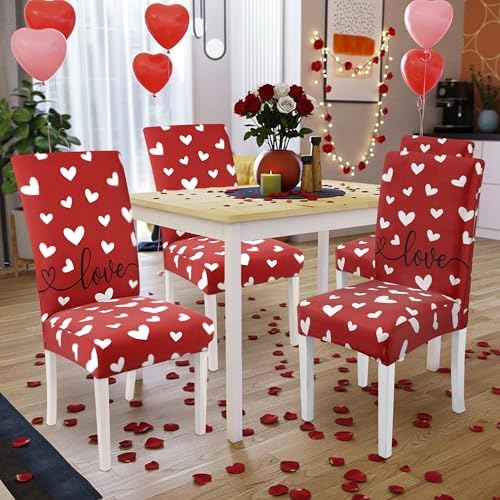 Valentines Day Chair Covers Set of 4, Valentines Decorations Stretch Removable Washable Dining Room Love Hearts Gnome Chair Protector Slipcovers Party Kitchen Home Valentine Decor (Valentine 1, 4 PCS)