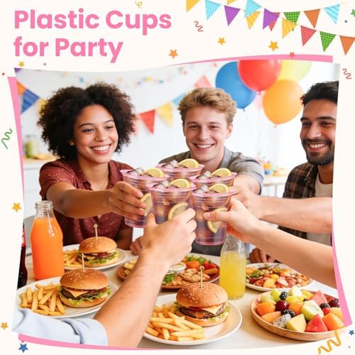 50 Pcs Clear Pink Plastic Cups, 12 oz Disposable Cups for Party