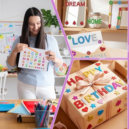 584Pcs Glitter Letter Stickers, 8 Colors 3D Self-Adhesive Alphabet Stickers