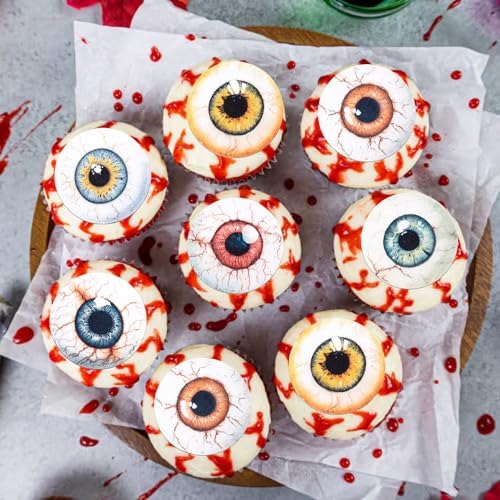 60 PCS Edible Eyeballs Cupcake Toppers Wafer Paper Horror Eyeballs Cupcake Picks Edible Dessert Sprinkles Bloody Eyes Halloween Cupcake Decorations for Halloween Party Cake Decorations Supplies