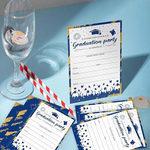 Graduation Invitations 2026, 25 Party Invitation Cards with Envelope, 4"x6" Blue Gold Grad Announcement Invites, Graduate Celebration Favor Supplies-A07