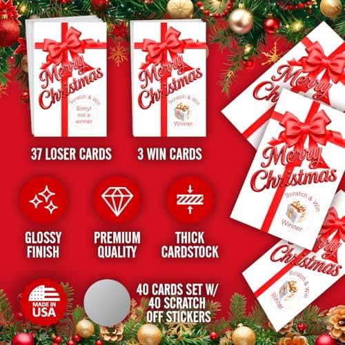 RokAPary Gift Box Merry Christmas Game Scratch Off, Red Bow, Scratch & Win, Easy to Play Silly Games, Fun Idea, Ice Breaker Activity. DIY Raffle Cards, Set of 40 Cards Made in USA
