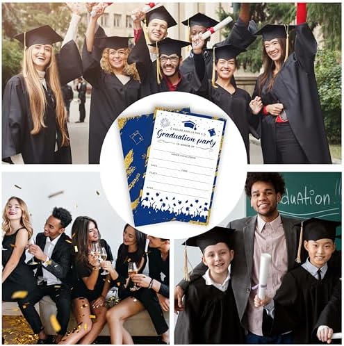 Graduation Invitations 2026, 25 Party Invitation Cards with Envelope, 4"x6" Blue Gold Grad Announcement Invites, Graduate Celebration Favor Supplies-A07
