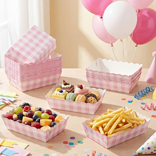 Funnymoom 48 Pcs Gingham Party Supplies Pink Plaid Paper Food Trays