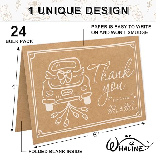 Whaline 24 Pack Wedding Kraft Thank You Cards The New Mr & Mrs Car Cake Thank You Blank Note Card Greeting Cards with Envelope Sticker for Bridal Shower