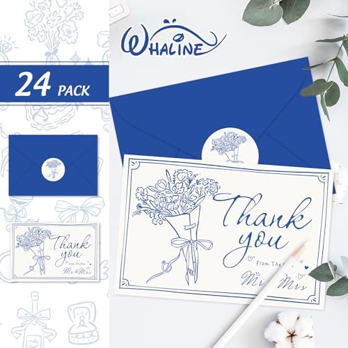 Whaline 24 Pack Wedding Thank You Cards Blue The New Mr & Mrs Flower Bouquet Thank You Blank Note Card Greeting Card with Envelope Sticker for Bridal Shower