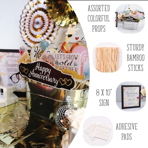 Anniversary Photo Booth Props - 41-pc Photobooth Kit with 8 x 10-Inch Sign, 60 Adhesive Pads, 45 Sticks - Wedding Anniversary Photo Props - Wedding Photo Booth Props