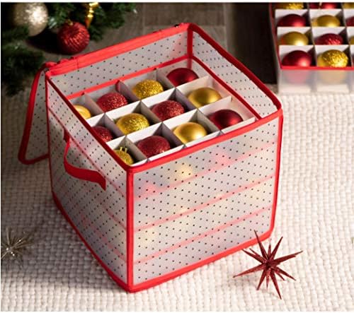 ZOBER Christmas Ornament Storage Box Plastic - Stores 64 3" Ornaments with Individual Trays - Ornament Organizer Storage Box, Durable Christmas Containers Holder - Red