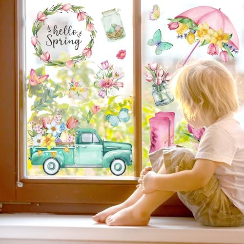 Whaline 75 Pcs Spring Summer Tulip Window Clings Tulip Flower Umbrella Truck Window Stickers Hello Spring Double-Side Glass Decals for Home Office School Party Shop Display Decoration