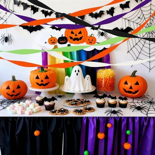 6 Crepe Paper Streamers Rolls, 492ft Black Orange Purple Green and White Streamers Party Supplies for Halloween Theme Horror Party Birthday Wedding Backdrop Decorations (1.8 inch x 82 ft/Roll)