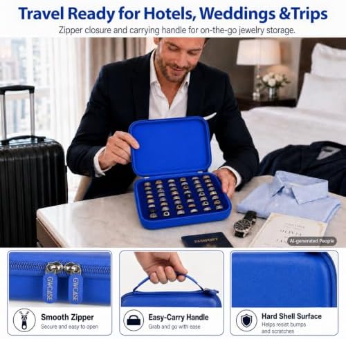 GWCASE Ring Organizer Box 42-Slot Hard Shell Case Holds 50+ Pcs, Dark Blue