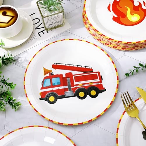 Whaline 40 Pcs Fire Truck Birthday Party Paper Plates 9 Inch 4 Designs Disposable Fireman Theme Plates Engine Rescue Dessert Plate for Kids Boys Firefighter Baby Shower Supplies Table Decor