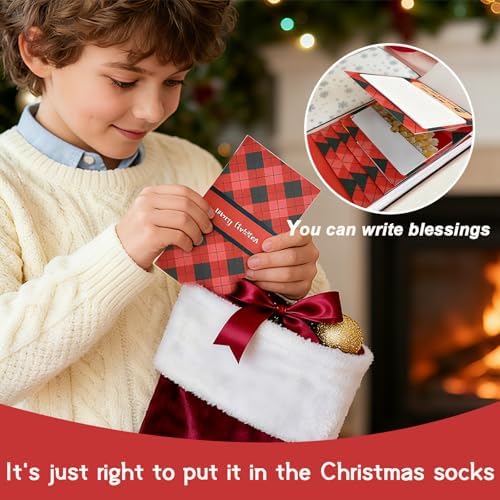 Handmade Christmas Gift Card Booklet 3 Pack, Red Plaid Gift Card Holder with Merry Christmas Text, (3pcs)