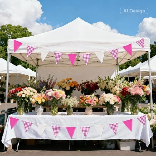 G2PLUS Pink and White Gingham Fabric Bunting Banner, 32Ft Cotton Burlap Triangle Garland for Mother’s Day, Wedding, Birthday, Carnival, Picnic, BBQ & Outdoor Events