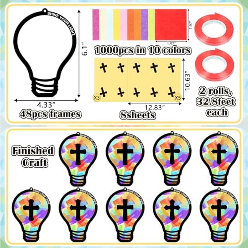 Renbuzhu 48PCS Sunday School VBS Crafts Bulk: Paper Lightbulb Cross Nativity Suncatchers, Jesus Religious Christian Activity DIY Kits Church Decorations, Window Stained Glass Effect Art Supplies