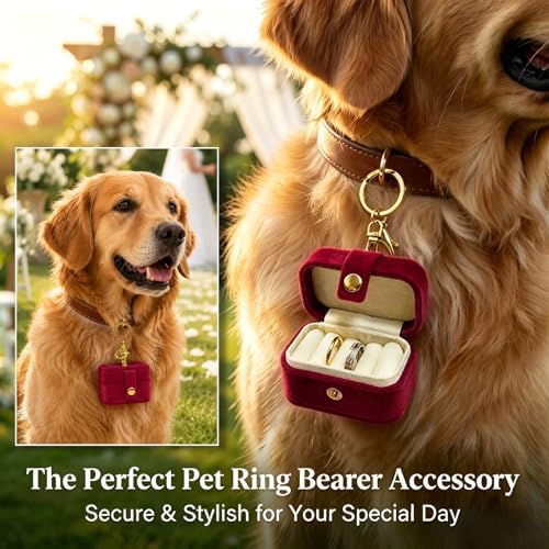 Ring Bearer Pillow Box for Dog Collar, Velvet Wedding Mini Ring Holder Pouch for Pet, Travel Ring Earrings Storage Box for Proposal Engagement Wedding Ceremony Party (Red)