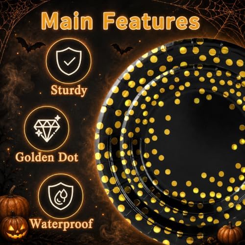 50 Pcs Black and Gold Dot Paper Plates Set Party Supplies Serve 50 （9 In）