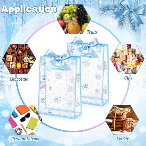 Capoda 24 Pack Winter Snowflake Gift Bags, Clear Plastic Party Favors