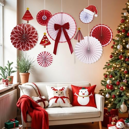 Christmas Paper Fan Decorations Christmas Decorations Classroom Red Hanging Paper Fans 10PCS with Santa Hat Gold Stars for Xmas Winter New Year Wall Ceiling Party Holiday