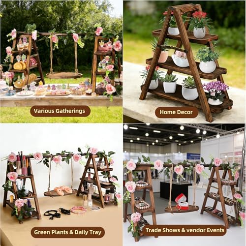Wooden Cupcake Stand, 3 Tier Dessert Display Serving Tray with Swing and Flower Decoration, Foldable Tiered Ladders Stand for Party, Birthday, Wedding, Baby Shower, Table Food Display for Fruit Bread