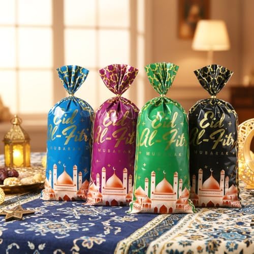 eowqeiur 100 PCS Eid Goodie Bags(5x11 Inch) with Ties for Candy Goodie Treat Snack Goody Cookie Small Gifts Wrap Ramadan Baggies Pouch Eid Mubarak Party Favors Supplies Decor