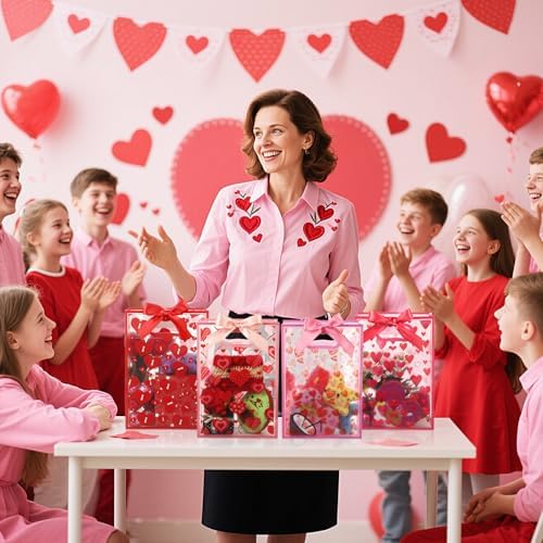 Capoda 24 Pack Gift for Valentine's Day Bags with Handle & Ribbons - Reusable Plastic Heart Favor Bags for Classroom School Party Exchange, Waterproof Goody Treat Totes for Galentine's Wedding Gifts