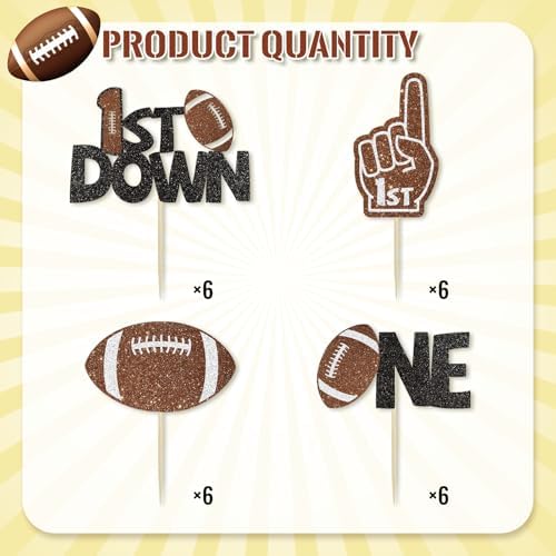 24Pcs Football 1st Birthday Cake Topper & Cupcake Toppers, Football Party Decorations for Baby Shower, First Down Them