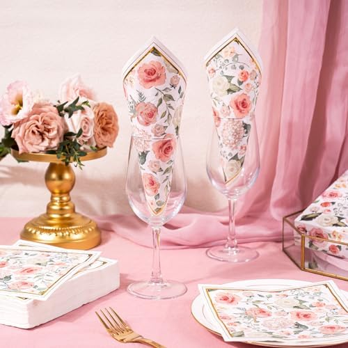 WRAPAHOLIC 50Pcs Gold Foil Floral Napkins - 3 Ply Disposable Paper Luncheon Napkin for Wedding Birthday Bridal Tableware Party Supplies - 6.5 x 6.5 In