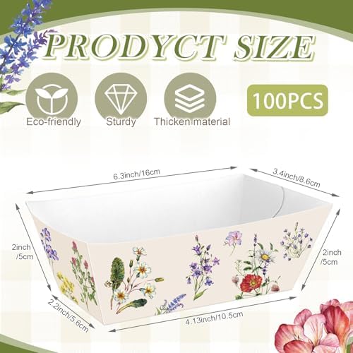 Funnymoom 100 Pcs Wildflower Paper Food Trays Floral Food Serving Trays 4.13 x 2.2 Inches Disposable Vintage Nacho Boat for Spring Birthday Flower Baby Shower Bridal Wedding Tea Party Supplies