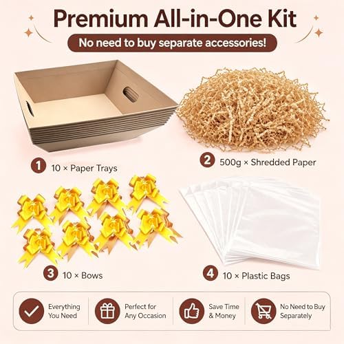 Bantna 10 PCS Empty Gift Basket Kit with 500g Crinkle Paper Filler, Gold Bows & Clear Plastic Bags, Sturdy, Easy to Assemble, Ideal for Holiday, Birthday, Wedding & All Gifting Occasions