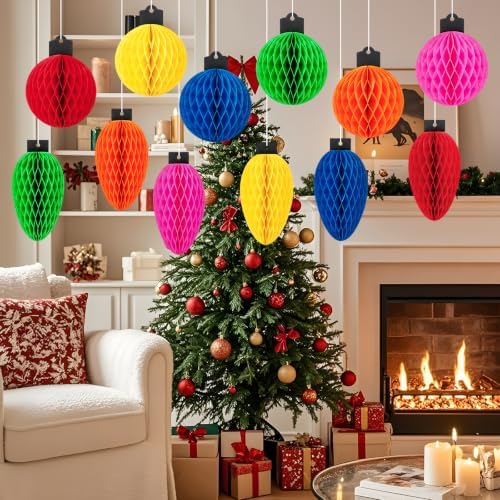 Christmas Light Honeycomb Ball Hanging Decor, 12 Pcs