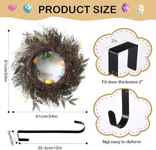 24 Inch Easter Spring Wreath with Eggs for Front Door Decor